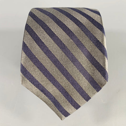 BARNEY'S NEW YORK Grey Navy Diagonal Stripe Silk Cotton Tie