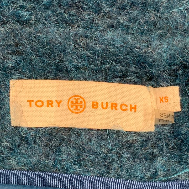 TORY BURCH Size XS Teal Wool Blend Textured Belted Coat