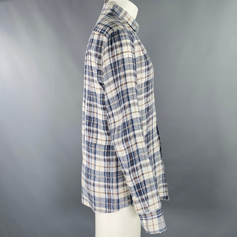 BRUNELLO CUCINELLI Size M Blue Brown Plaid Linen Button Down Long Sleeve Shirt