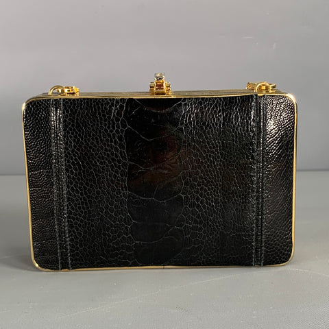 LORENZI Black Gold Leather Lizard Evening Handbag