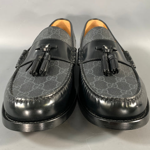 GUCCI 2023 Size 10.5 Black Monogram Leather Tassels Loafers