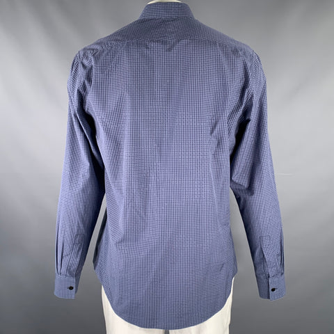 HERMES Size L Navy Blue Checkered Cotton Button Up Long Sleeve Shirt