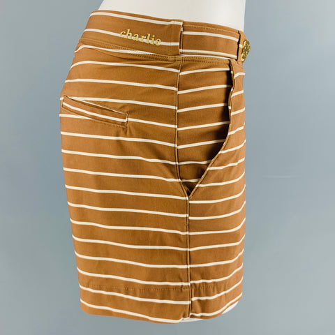 CHARLIE Size S Brown White Stripe Polyester Blend Gold Buttons Swim Trunks