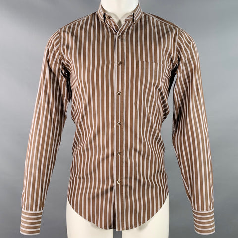 YVES SAINT LAURENT Size S Brown Navy White Stripe Button Down Collar Cotton Long Sleeve Shirt