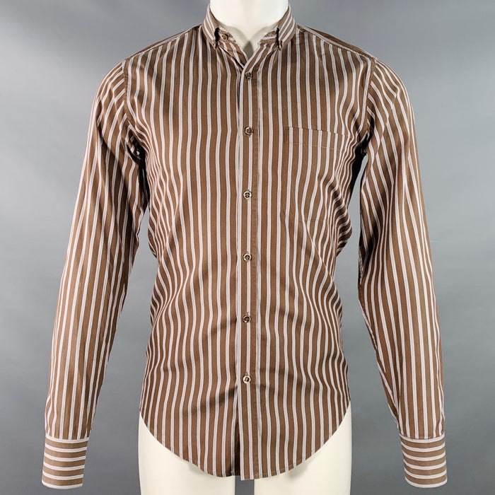YVES SAINT LAURENT Size S Brown Navy White Stripe Button Down Collar Cotton Long Sleeve Shirt
