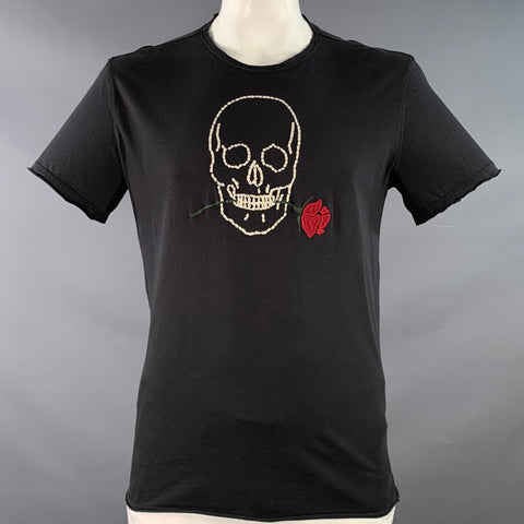 JOHN VARVATOS Size L Black Cream Red Embroidery Cotton Skull Rose Short Sleeve T-shirt