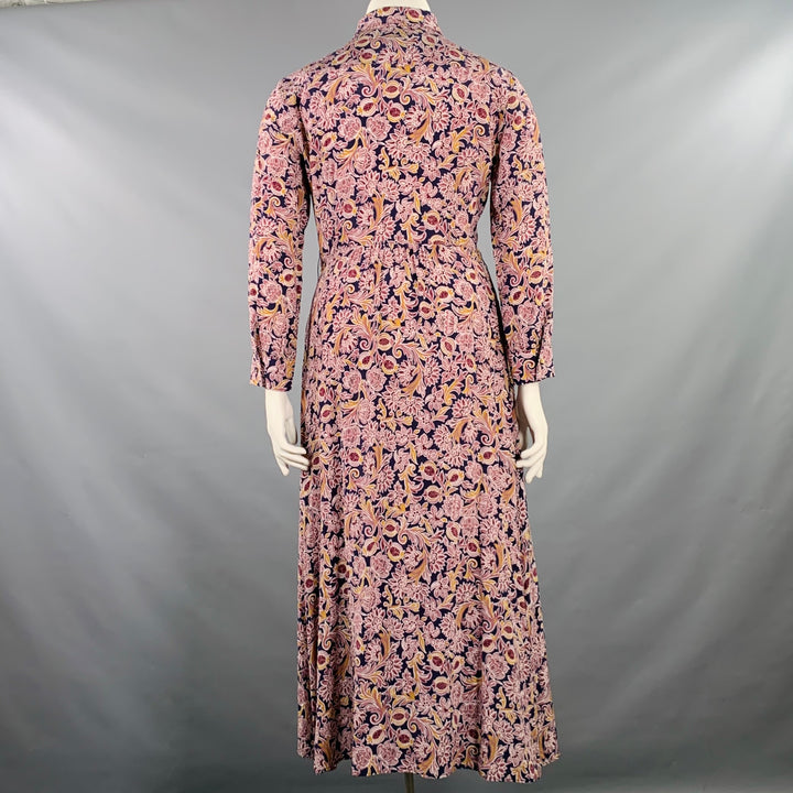 MAX MARA Size 12 Navy Burgundy Silk Abstract Floral Long Shirt Dress