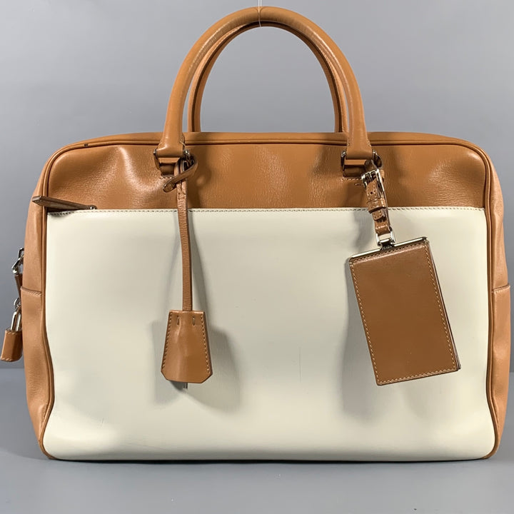 PRADA Tan Cream Color Block Leather Overnight Bags