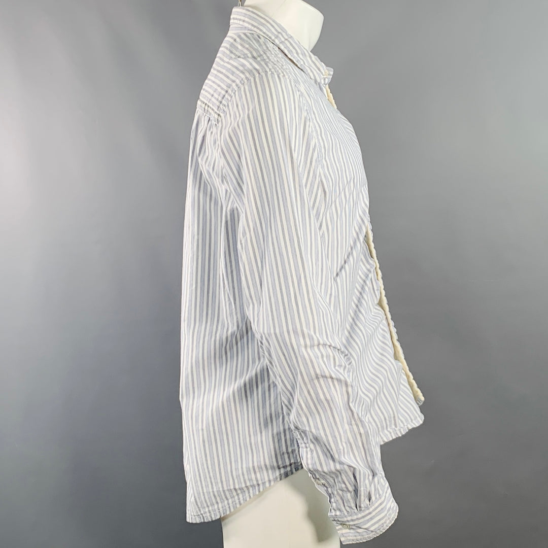 UNDERCOVER SS17 Size M White Blue Stripe Cotton Ruched One Pocket Long Sleeve Shirt