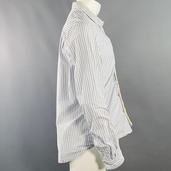 UNDERCOVER SS17 Size M White Blue Stripe Cotton Ruched One Pocket Long Sleeve Shirt