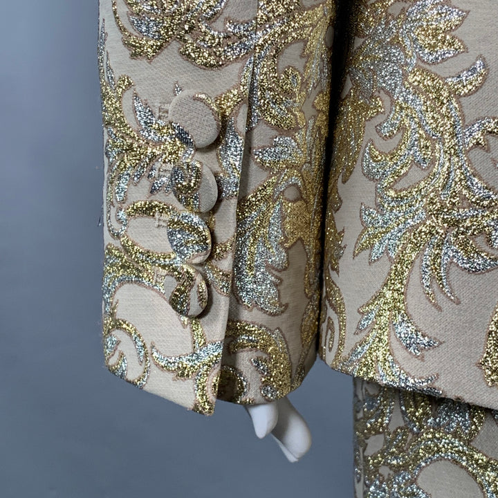 STELLA McCARTNEY Size 2 Metallic Gold Silver Polyamide Blend Jacquard Peak Lapel Pantsuit