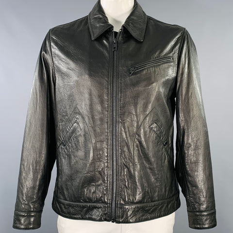 ANDREW MARC Size L Black Leather Zip Up Jacket
