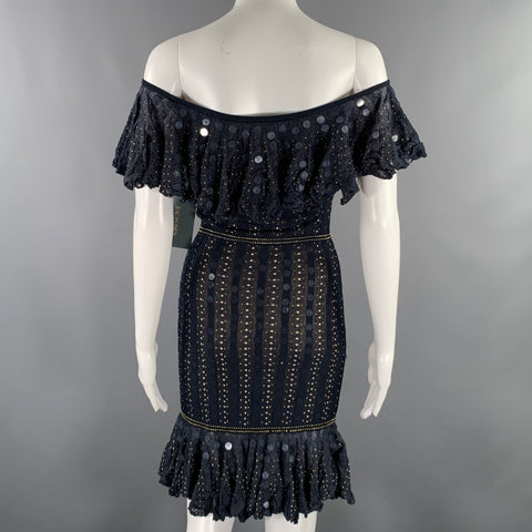 ZAC POSEN Size XS -Starry Night Tango- Navy Gold Silk Blend Payettes Ruffle Dress