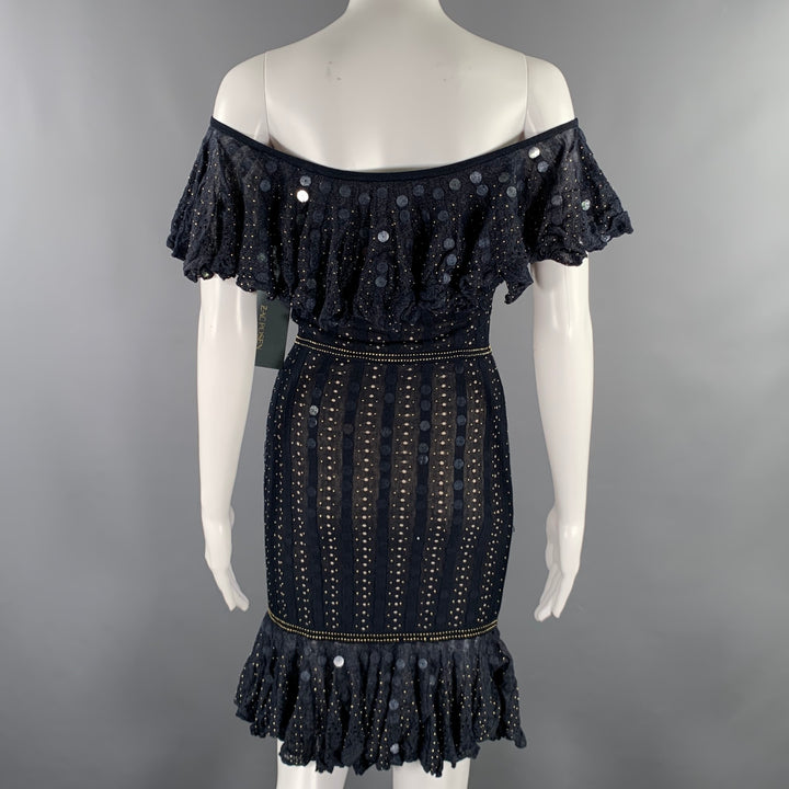 ZAC POSEN Size XS -Starry Night Tango- Navy Gold Silk Blend Payettes Ruffle Dress