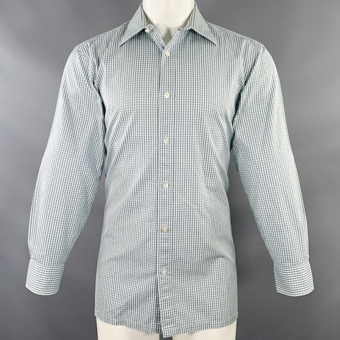 CHARVET Size M White Green Grey Checkered Cotton Long Sleeve Shirt