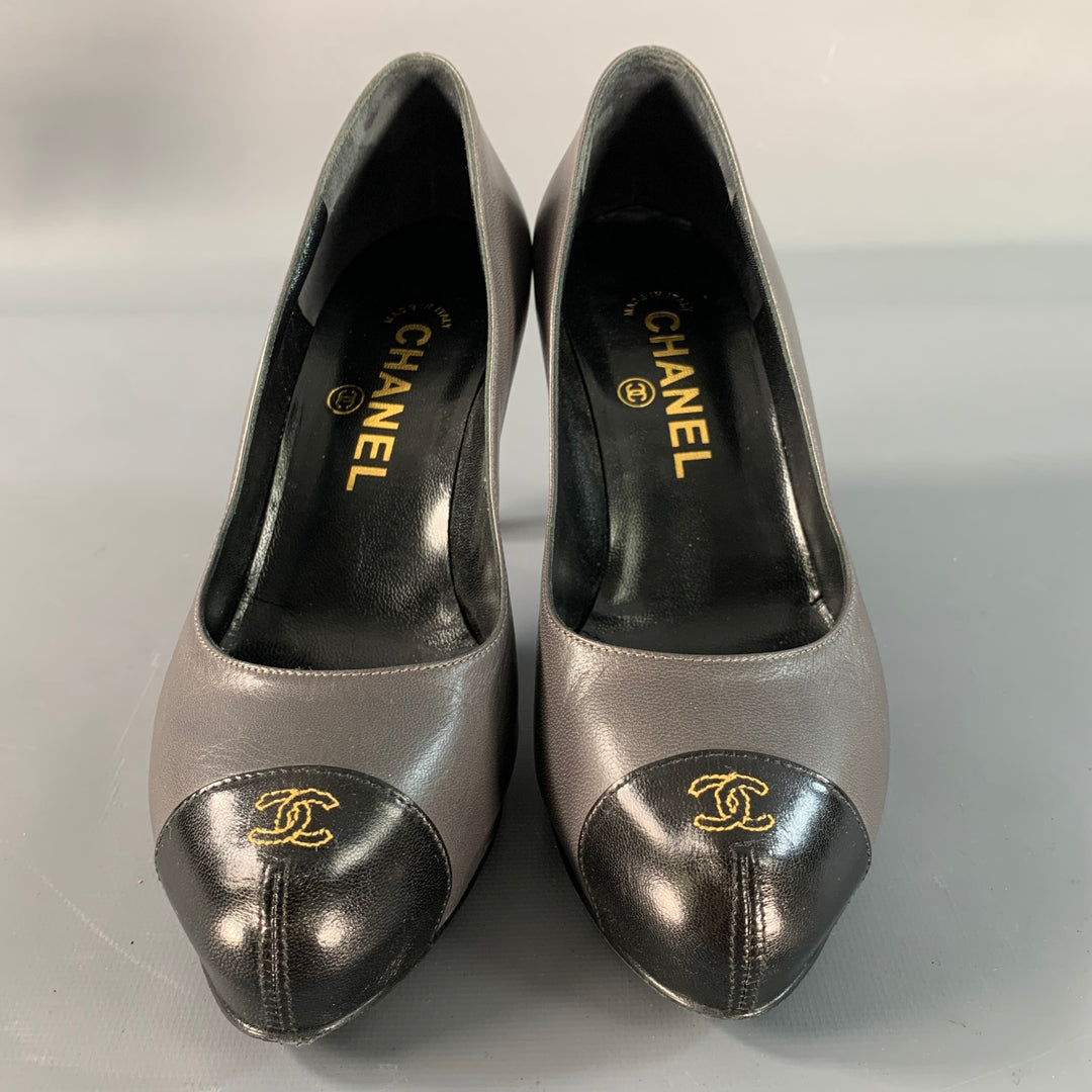 CHANEL Size 6 Grey Black Leather Cap Toe Pumps