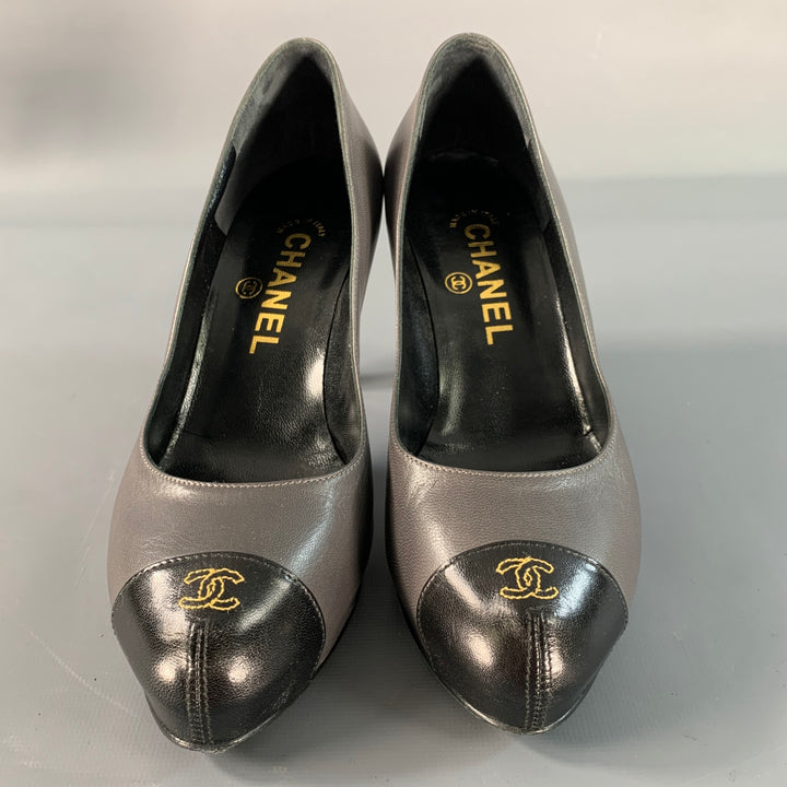 CHANEL Size 6 Grey Black Leather Cap Toe Pumps