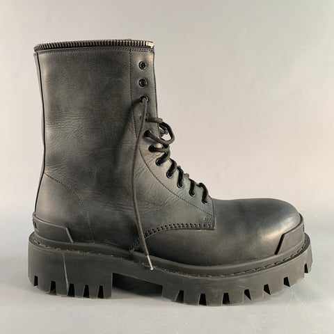 BALENCIAGA Size 9 Black Leather Lug Sole Boots