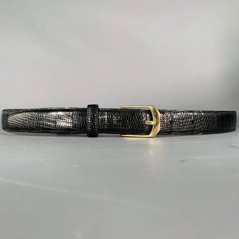 SAKS FIFTH AVENUE Size 40 Black Gold Lizard Leather Brass Belt