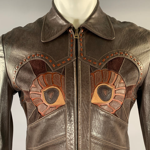 GUCCI TOM FORD Size 38 Brown Applique Leather Zip Up Jacket