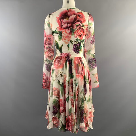 DOLCE & GABBANA F2018 Size 2 White Multi Color Silk Long Sleeve Midi Dress