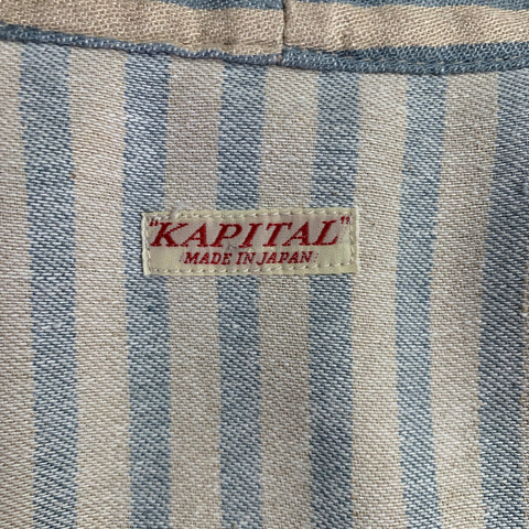 KAPITAL Size XL Beige Blue Stripe Linen Cotton Tie Jacket
