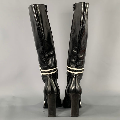PAOLO IANTORNO Size 6 Black White Leather Geometric Knee Length Boots