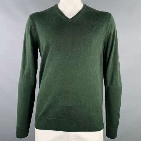 FRED PERRY Size L Green Knit Merino Wool V-Neck Pullover