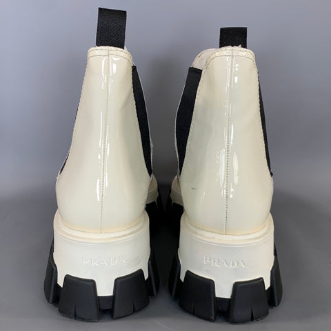 PRADA Size 11 White Leather Patent Leather Pull On Boots