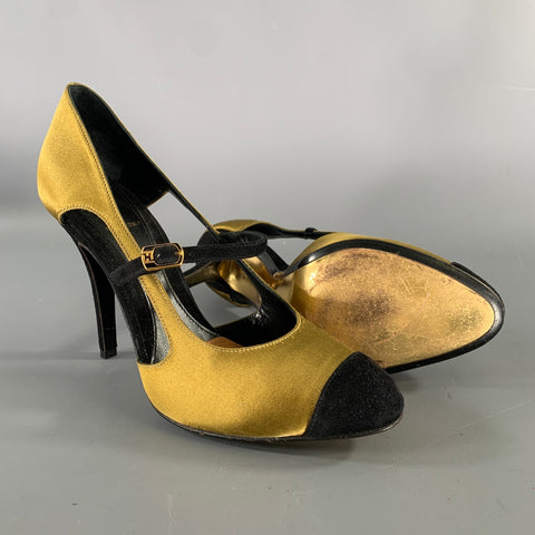 FENDI Size 7.5 Gold Black Satin Mary Jane Pumps