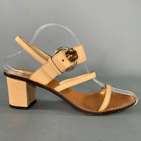 GUCCI Size 8.5 Tan Brown Leather Logo Kitten Heel Sandals