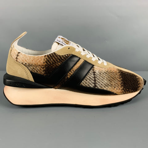 LANVIN Size 11 Beige Brown Plaid Wool Sneakers