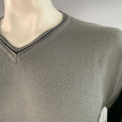 ARMANI COLLEZIONI Size L Grey Black Contrast Trim Virgin Wool Cotton V-Neck Pullover
