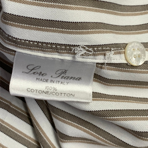 LORO PIANA Size M Brown Cream Stripe Cotton One Pocket Long Sleeve Shirt
