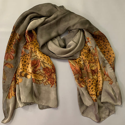 SALVATORE FERRAGAMO Grey Orange Red Leopard Floral Silk Scarf Shawl