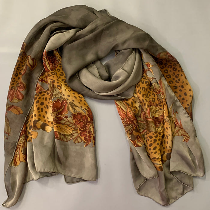 SALVATORE FERRAGAMO Grey Orange Red Leopard Floral Silk Scarf Shawl