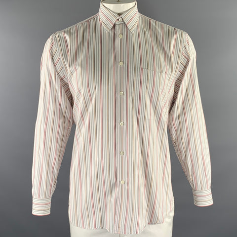 BRIONI Size M White Multi-Color Stripe Cotton Pointed Collar Long Sleeve Shirt