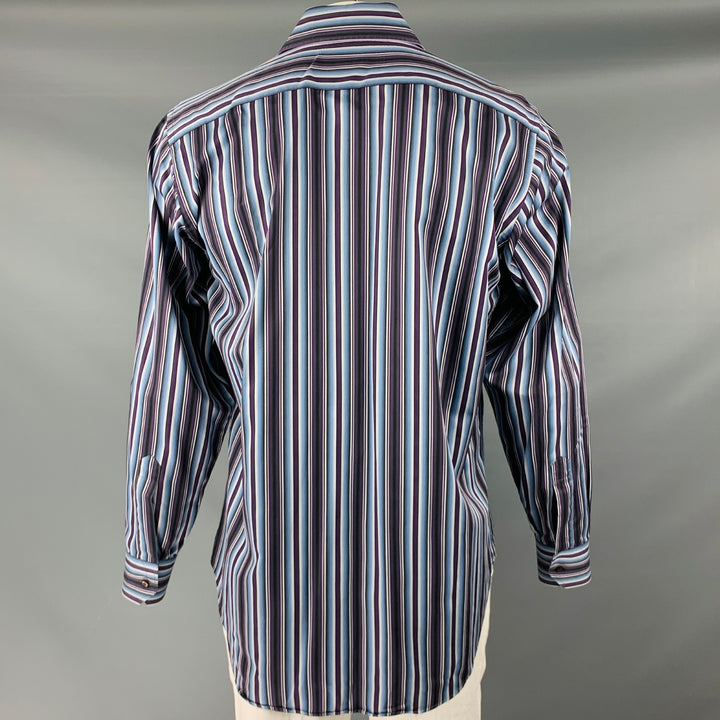 ETRO Camisa de manga larga con botones de algodón a rayas azules y moradas talla L