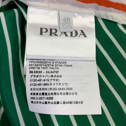 PRADA Size M Green White Stripe Silk One Pocket Long Sleeve Shirt