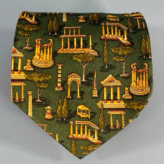 SALVATORE FERRAGAMO Gold Dark Green Greek Architecture Silk Tie