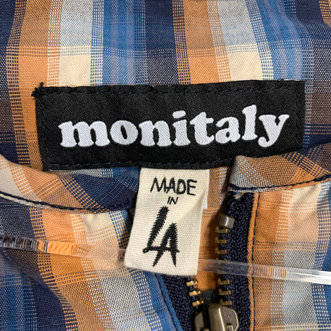 MONITALY Size M Blue Orange Plaid Cotton Collarless 1/4 Zip Pullover