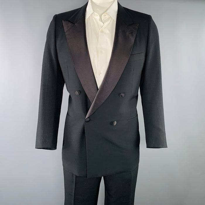 BRIONI Size 46 Black Wool Double Breasted Tuxedo