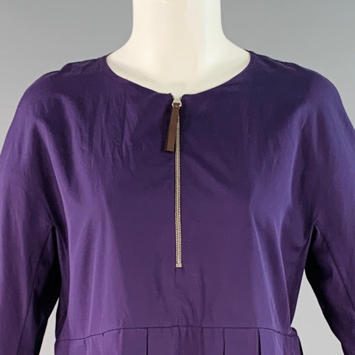N_8 Size 6 Purple Cotton Pleated 3/4 Sleeves Half Zip Midi Dress
