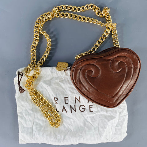 RENA LANGE Rare Brown Gold Heart Shaped Leather Crossbody Chain Handbag