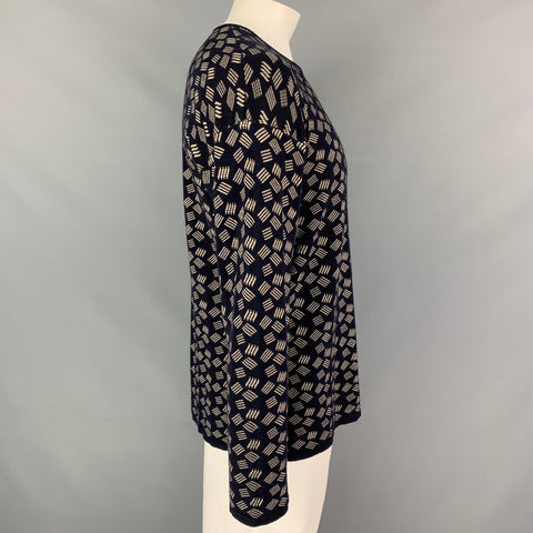 ARMANI COLLEZIONI Size L Navy Ivory Knit Cotton Blend Crew Neck Pullover