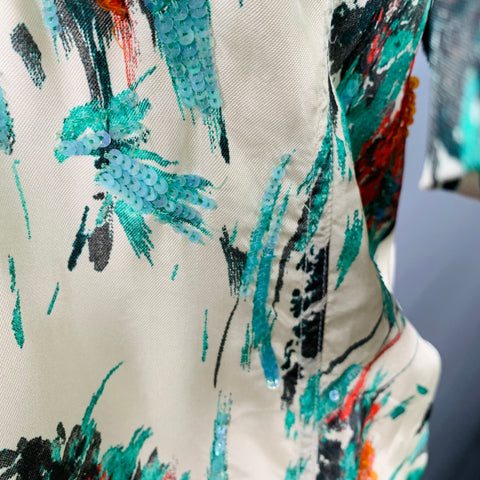 DRIES VAN NOTEN Size XS Cream Green Red Sequined Floral Viscose Camp Short Sleeve Shirt