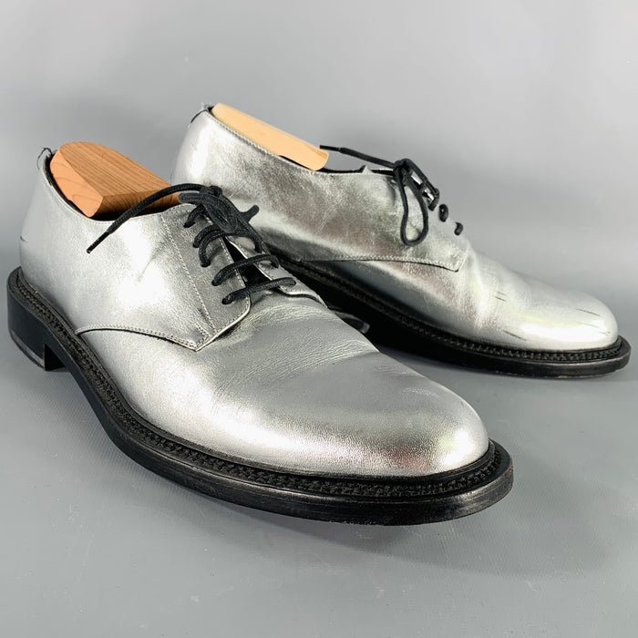 SAINT LAURENT Size 10 Silver Metallic Leather Derby Lace-Up Shoes