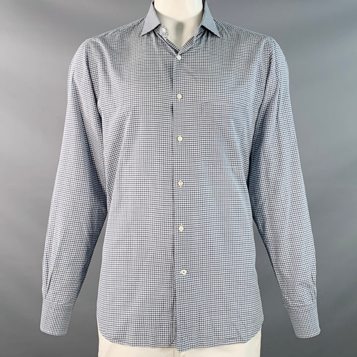 LORO PIANA Size XXL Navy Black White Gingham Cotton One Pocket Long Sleeve Shirt