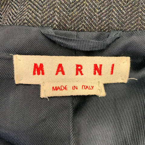 MARNI Size 42 Black Grey Herringbone Wool Double Breasted Coat
