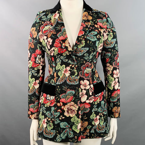 ANNE FONTAINE Size 10 Saskia Black Multi Color Floral Jacquard Velvet Trim Jacket Blazer